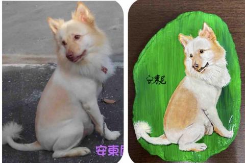 畫布、石頭彩繪(寵物、人物肖像似顏繪) - 左圖為客戶來圖照片，右圖為手繪成品，極具紀念收藏價值。(此幅背景較簡單，定價$800)