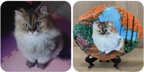 畫布、石頭彩繪(寵物、人物肖像似顏繪) - 左圖為客戶來圖照片，右圖為手繪成品，極具紀念收藏價值。(定價$1,500)