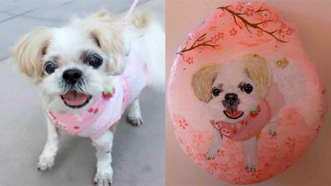 畫布、石頭彩繪(寵物、人物肖像似顏繪) - 左圖為客戶來圖照片，右圖為手繪成品，極具紀念收藏價值。(定價$1,500)