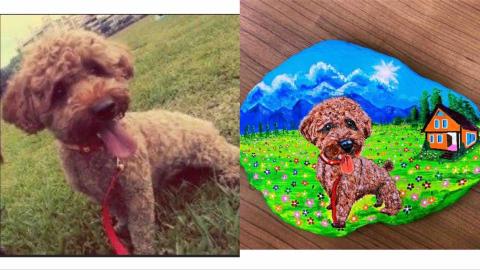 畫布、石頭彩繪(寵物、人物肖像似顏繪) - 左圖為客戶來圖照片，右圖為手繪成品，極具紀念收藏價值。(定價$1,500)