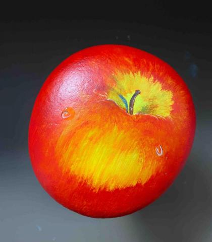 畫布、石頭彩繪(寵物、人物肖像似顏繪) - 練習用，後被客戶挑走賣出了，一顆蘋果售$500元。