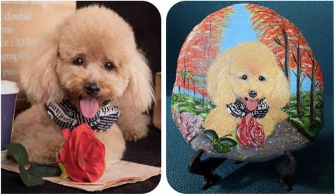 畫布、石頭彩繪(寵物、人物肖像似顏繪) - 左圖為客戶來圖照片，右圖為手繪成品，極具紀念收藏價值。(定價$1,500)