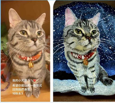 畫布、石頭彩繪(寵物、人物肖像似顏繪) - 左圖為客戶來圖照片，右圖為手繪成品，極具紀念收藏價值。(定價$1,500)