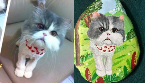 畫布、石頭彩繪(寵物、人物肖像似顏繪) - 左圖為客戶來圖照片，右圖為手繪成品，極具紀念收藏價值。(定價$1,500)