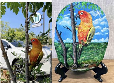 畫布、石頭彩繪(寵物、人物肖像似顏繪) - 左圖為客戶來圖照片，除去車輛希望原圖重現入畫，右圖為手繪成品，極具紀念收藏意義，訂價$1,500元。