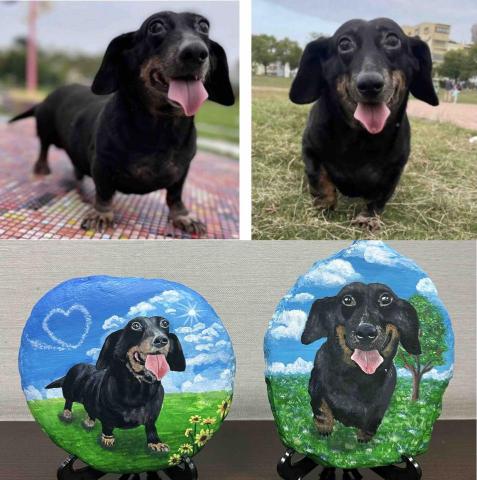 畫布、石頭彩繪(寵物、人物肖像似顏繪) - 上圖為客戶來圖照片，下圖為手繪成品，極具紀念收藏價值。(每顆定價$1,500)