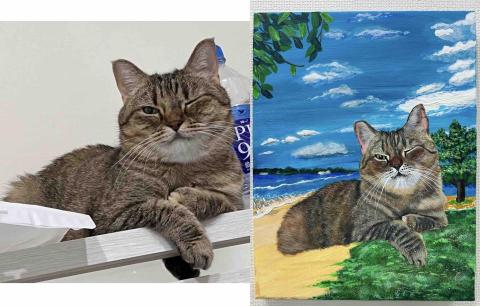 畫布、石頭彩繪(寵物、人物肖像似顏繪) - 左為客戶原始圖，右圖為手繪成品。此幅為5號油畫布，尺吋35x24cm,售價$2100。(壓克力彩)