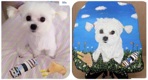 畫布、石頭彩繪(寵物、人物肖像似顏繪) - 客戶指定物品入畫，左圖為客戶來圖照片，右圖為手繪成品，極具紀念收藏價值。(定價$1,500)