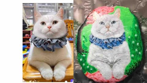 畫布、石頭彩繪(寵物、人物肖像似顏繪) - 左圖為客戶來圖照片，右圖為手繪成品，極具紀念收藏價值。(定價$1,500)