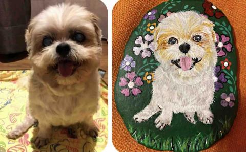 畫布、石頭彩繪(寵物、人物肖像似顏繪) - 左圖為客戶來圖照片，右圖為手繪成品，極具紀念收藏價值。(定價$1,500)