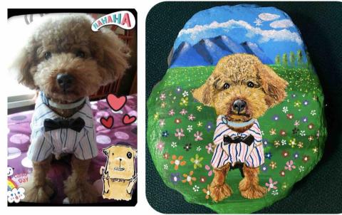 畫布、石頭彩繪(寵物、人物肖像似顏繪) - 左圖為客戶來圖照片，右圖為手繪成品，極具紀念收藏價值。(定價$1,500)