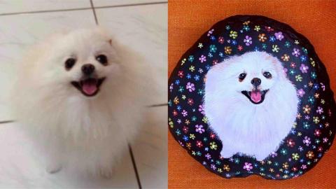 畫布、石頭彩繪(寵物、人物肖像似顏繪) - 左圖為客戶來圖照片，右圖為手繪成品，極具紀念收藏價值。(定價$1,500)