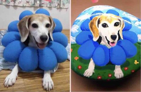 畫布、石頭彩繪(寵物、人物肖像似顏繪) - 左圖為客戶來圖照片，希望原圖重現全部入畫，右圖為手繪成品，極具紀念、收藏價值。訂價$1,500元。