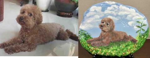 畫布、石頭彩繪(寵物、人物肖像似顏繪) - 左圖為客戶來圖照片，右圖為手繪成品，極具紀念收藏價值。(定價$1,500)