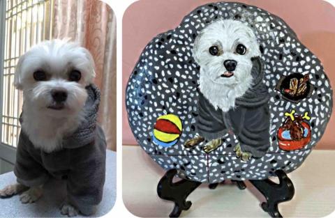 畫布、石頭彩繪(寵物、人物肖像似顏繪) - 左圖為客戶來圖照片，右圖為手繪成品，極具紀念收藏價值。(定價$1,500)