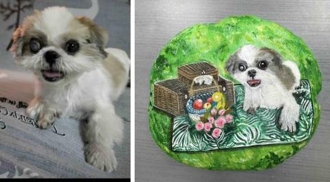 畫布、石頭彩繪(寵物、人物肖像似顏繪) - 左圖為客戶來圖照片，客戶指定加上野餐風，右圖為手繪成品，極具紀念收藏價值。(定價$1,500)