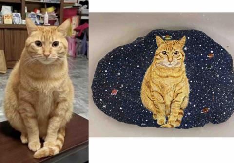 畫布、石頭彩繪(寵物、人物肖像似顏繪) - 左圖為客戶來圖照片，右圖為手繪成品，極具紀念收藏價值。(定價$1,500)