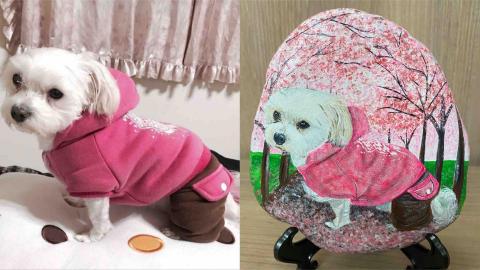 畫布、石頭彩繪(寵物、人物肖像似顏繪) - 左圖為客戶來圖照片，右圖為手繪成品，極具紀念收藏價值。(定價$1500)