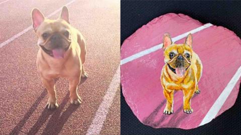 畫布、石頭彩繪(寵物、人物肖像似顏繪) - 左圖為客戶來圖照片，希望原圖重現完整入畫，右圖為手繪成品，極具紀念收藏意義，訂價$1,500元。