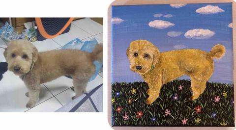 畫布、石頭彩繪(寵物、人物肖像似顏繪) - 此幅為1號油畫布，尺寸22x15cm,售價$1500。