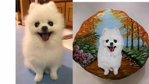 畫布、石頭彩繪(寵物、人物肖像似顏繪) - 左圖為客戶來圖照片，右圖為手繪成品，極具紀念收藏價值。(定價$1500)