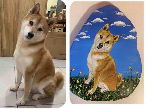 畫布、石頭彩繪(寵物、人物肖像似顏繪) - 此幅為石彩肖像彩繪，訂價$1500元，尺寸大約成人手掌大小，耗時1～2天可完成。紀念收藏均適宜。