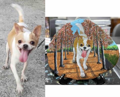 畫布、石頭彩繪(寵物、人物肖像似顏繪) - 左圖為客戶來圖照片，右圖為手繪成品，極具紀念收藏價值。(定價$1,500)