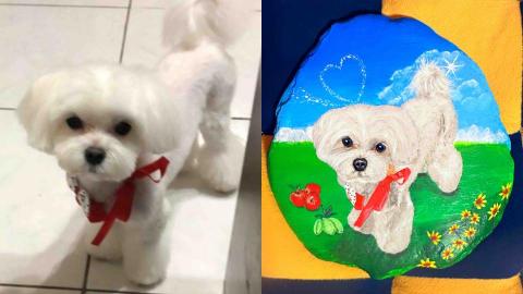 畫布、石頭彩繪(寵物、人物肖像似顏繪) - 左圖為客戶來圖照片，右圖為手繪成品，極具紀念收藏價值。(定價$1,500)