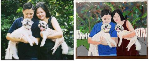 畫布、石頭彩繪(寵物、人物肖像似顏繪) - 此幅為8號油畫布，尺吋45x33cm，因人物畫不太在行，神韻沒有到位，兩位人物表情皆無抓住，所以訂價$2,000。(事先皆有向客戶說明，客戶可以接受此報價)