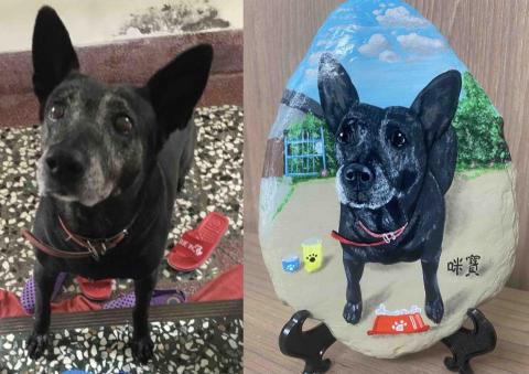 畫布、石頭彩繪(寵物、人物肖像似顏繪) - 左圖為客戶來圖照片，右圖為手繪成品，極具紀念收藏價值。(定價$1,500)