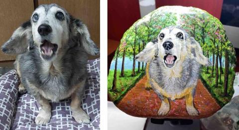 畫布、石頭彩繪(寵物、人物肖像似顏繪) - 左圖為客戶來圖照片，右圖為手繪成品，極具紀念收藏價值。(定價$1,500)