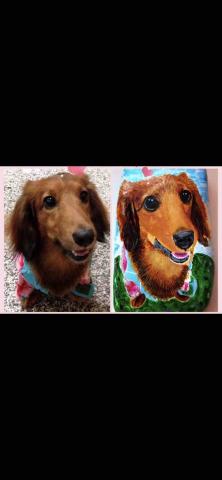 畫布、石頭彩繪(寵物、人物肖像似顏繪) - 左圖為客戶來圖照片，右圖為手繪成品，極具紀念收藏價值。(定價$1,500)