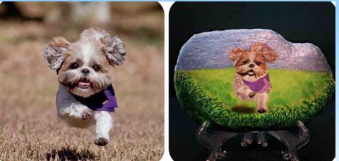 畫布、石頭彩繪(寵物、人物肖像似顏繪) - 左圖為客戶來圖照片，右圖為手繪成品，極具紀念收藏價值。(定價$1,500)