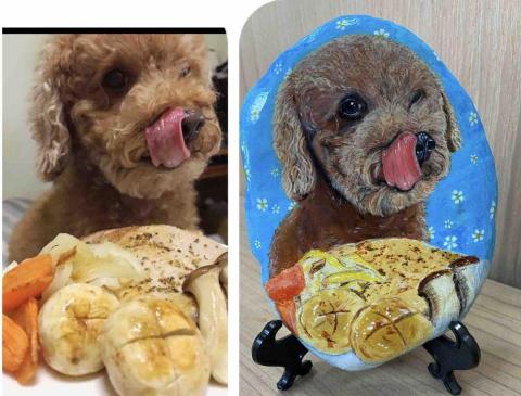 畫布、石頭彩繪(寵物、人物肖像似顏繪) - 左圖為客戶來圖照片，希望原圖重現完整入畫，右圖為手繪成品，極具紀念收藏價值。訂價$1,500元。