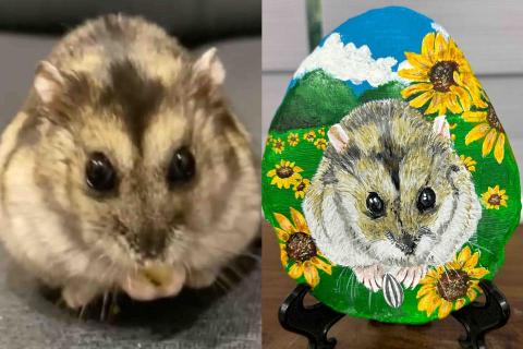 畫布、石頭彩繪(寵物、人物肖像似顏繪) - 左圖為客戶來圖照片，右圖為手繪成品，極具紀念收藏價值。(定價$1,500)