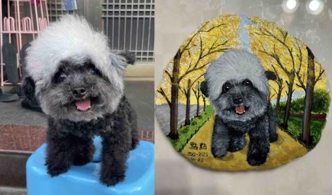 畫布、石頭彩繪(寵物、人物肖像似顏繪) - 左圖為客戶來圖照片，右圖為手繪成品，極具紀念收藏價值。(定價$1,500)