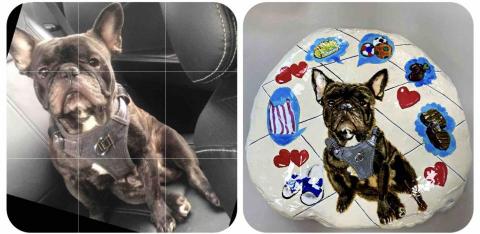 畫布、石頭彩繪(寵物、人物肖像似顏繪) - 此幅客戶希望寶貝去汪星球仍有祂平時愛玩的物品便要求我將其帶入畫面當背景，因較複雜，收費即會高一些，訂價在1500元，尺寸大約手掌張開大，俟同意後完成之作品如右圖。