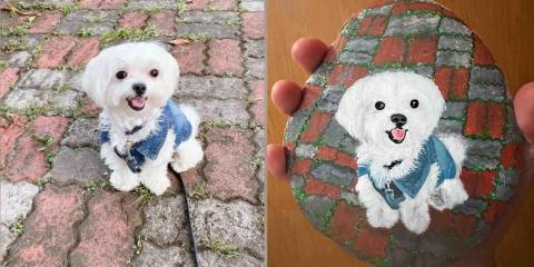 畫布、石頭彩繪(寵物、人物肖像似顏繪) - 左圖為客戶來圖照片，希望能依照整張原來的圖像背景完整入鏡原圖重現，右圖為手繪成品，極具紀念收藏價值。(定價$1500)