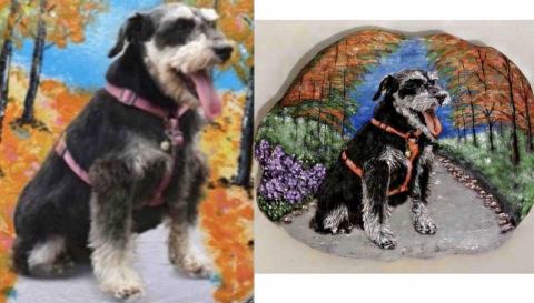 畫布、石頭彩繪(寵物、人物肖像似顏繪) - 左圖為客戶來圖照片，右圖為手繪成品，極具紀念收藏意義。(定價$1500)