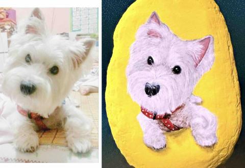 畫布、石頭彩繪(寵物、人物肖像似顏繪) - 左圖為客戶來圖照片，右圖為手繪成品，極具紀念收藏價值。(此幅背景較簡單，定價$800)