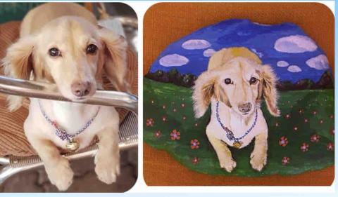 畫布、石頭彩繪(寵物、人物肖像似顏繪) - 左圖為客戶來圖照片，右圖為手繪成品，極具紀念收藏價值。(定價$1,500)
