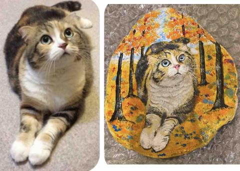 畫布、石頭彩繪(寵物、人物肖像似顏繪) - 此幅約成人手掌大小，附贈支撐底座，深受該客戶喜愛。此幅售價$1500。