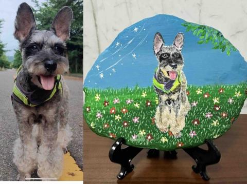 畫布、石頭彩繪(寵物、人物肖像似顏繪) - 左圖為客戶來圖照片，右圖為手繪成品，極具紀念收藏價值。(定價$1,500)