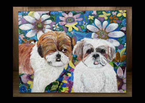 畫布、石頭彩繪(寵物、人物肖像似顏繪) - 此幅無框8號油畫布，尺吋45x33cm，售價$2,500。