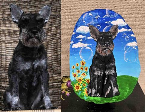 畫布、石頭彩繪(寵物、人物肖像似顏繪) - 左圖為客戶來圖照片，右圖為手繪成品，極具紀念收藏價值。(定價$1,500)