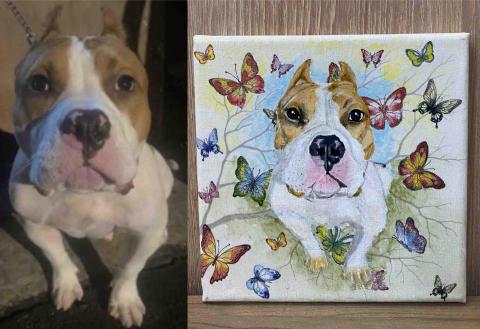 畫布、石頭彩繪(寵物、人物肖像似顏繪) - 此幅為1號布，尺寸22x15cm，訂價$1,500。