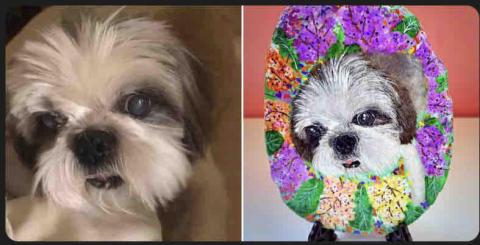 畫布、石頭彩繪(寵物、人物肖像似顏繪) - 左圖為客戶來圖照片，右圖為手繪成品，極具紀念收藏價值。(定價$1,500)