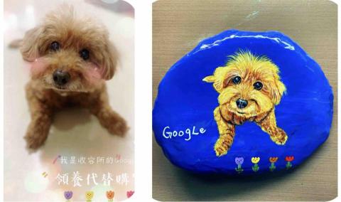 畫布、石頭彩繪(寵物、人物肖像似顏繪) - 左圖為客戶來圖照片，右圖為手繪成品，極具紀念收藏價值。(此幅背景較簡單，定價$800)