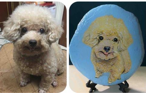 畫布、石頭彩繪(寵物、人物肖像似顏繪) - 左圖為客戶來圖照片，右圖為手繪成品，極具紀念收藏價值。(此幅背景較簡單，定價$800)