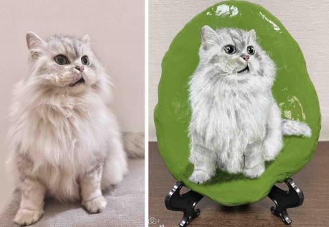 畫布、石頭彩繪(寵物、人物肖像似顏繪) - 左圖為客戶來圖照片，右圖為手繪成品，極具紀念收藏價值。(此幅背景較簡單，定價$800)